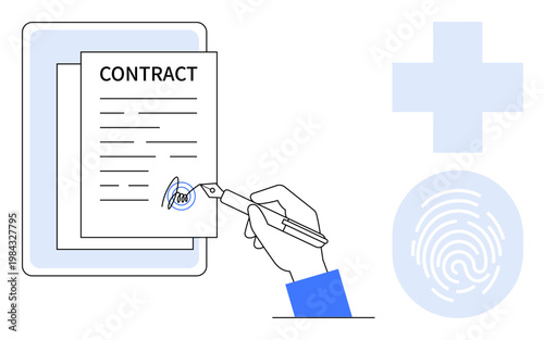 Legal agreements, electronic signatures, contract management, identity verification, business deals, and digital security. A hand signing a contract with a pen. Legal agreements and electronic