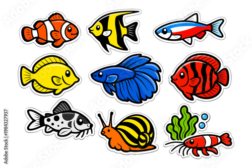 Colorful aquarium fish collection with snail and aquatic plants.