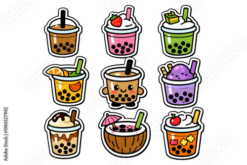 Cartoon bubble tea varieties with cute toppings and diverse flavors.