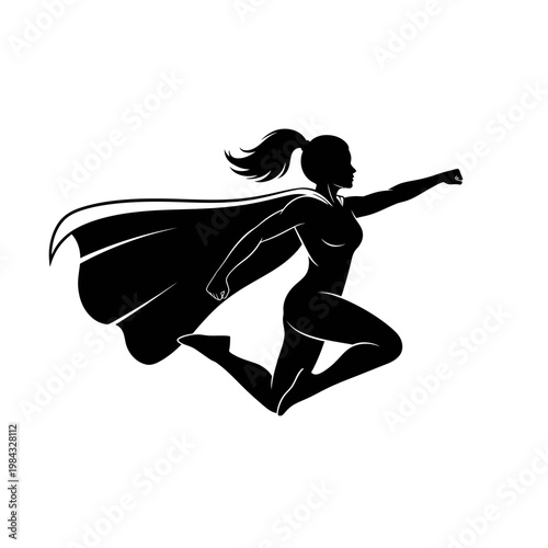 Female Superhero Leaping Silhouette Vector Illustration

