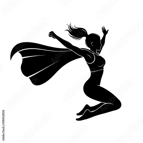 Superhero Woman Silhouette in Dynamic Action Pose Vector


