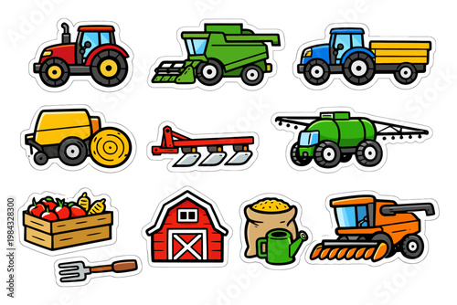 Colorful farm equipment and produce stickers collection.