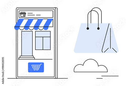 Online shopping, e-commerce, digital retail, small business, mobile stores, delivery services. Mobile storefront with awning and shopping cart icon. Online shopping and e-commerce concept