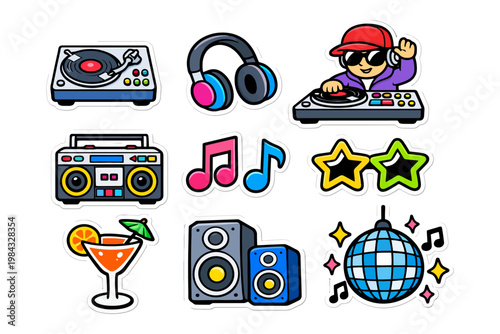 Colorful music stickers featuring dj, turntable, headphones, speakers, boombox, and disco ball.