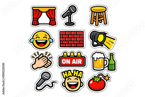 Colorful comedy show icons featuring microphone, stage, and laughter symbols.