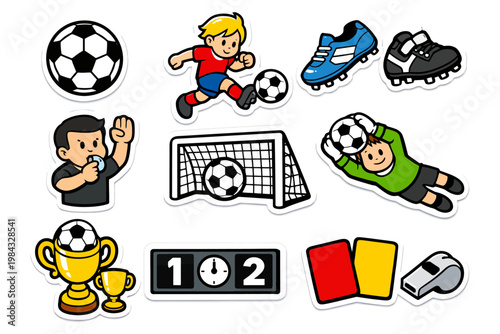 Cartoon soccer stickers: players, referee, goal, ball, and equipment.