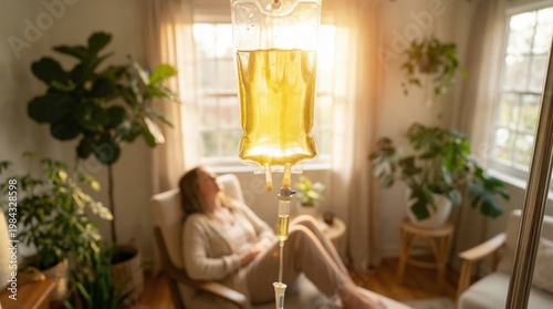 IV drip bag with yellow fluid in focus, a woman relaxes in a cozy room with plants. Represents modern wellness, vitamin infusions, and personalized health treatments for longevity.
