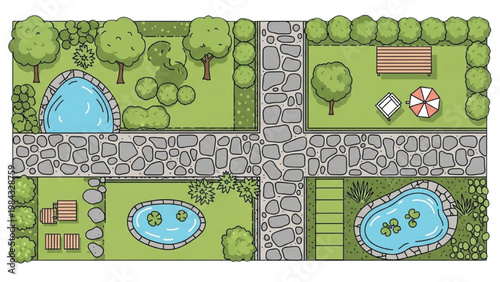 Vector 2D CAD illustration of a backyard with pools and garden areas