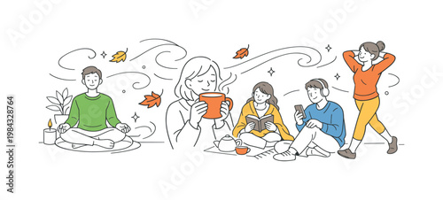 Autumn wellness lifestyle scene with people embracing self care routines and slowing down after busy periods, using a warm cup and swirling leaves as a visual metaphor