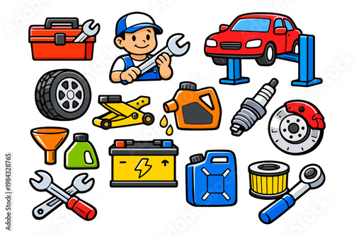 Cartoon mechanic with tools, car on lift, and automotive parts in workshop scene.