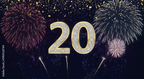 twenty anniversary celebration with glittering fireworks over a dark night sky