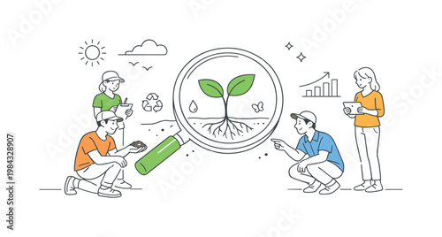 A sustainable land management concept where individuals evaluate soil conditions to support healthy ecosystems and agriculture, visualized by a small group interacting
