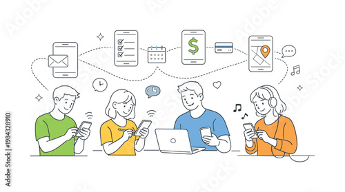 Group of people using smartphones in everyday life to manage tasks, communicate, and access digital services across different contexts, illustrated through a clear