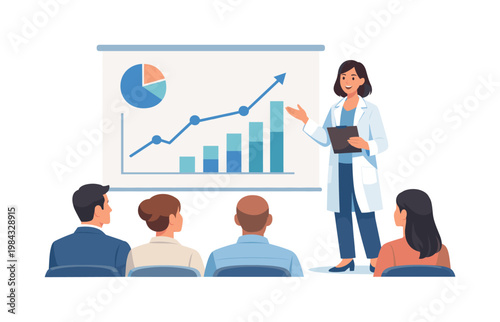 A scientist presenting research findings to an audience in a professional conference setting, explaining data and insights with clarity and structured communication,