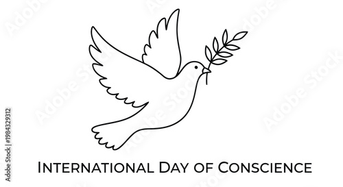 A white dove carrying an olive branch with text for international day of conscience