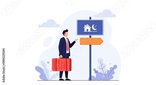Man with suitcase looking at sign.