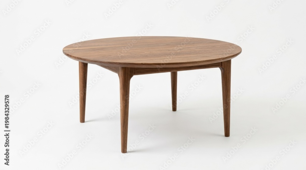 Fototapeta premium A round wooden coffee table with four tapered legs against a plain white background, elegant proportions, visible wood grain, clean product lighting, ultra-realistic, no logos.