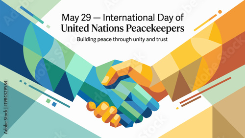 An abstract, geometric illustration of two hands shaking, symbolizing peace, unity, and trust for the International Day of United Nations Peacekeepers on May 29.