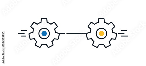 Parallel processing and simultaneous task execution in modern computing systems for improved efficiency, two simple gear icons connected by a horizontal line with small