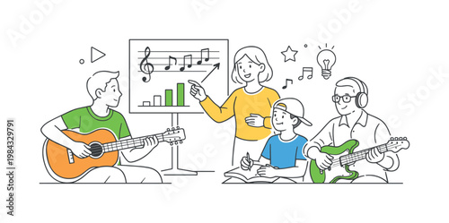 Music education and skill development in a learning environment where people practice and improve their abilities through instruments, visualized through two or three
