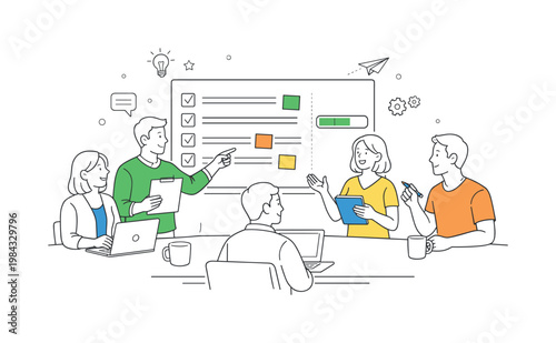 A collaborative office planning session where a small team organizes tasks and aligns priorities for an upcoming project, centered around a clear visual metaphor of a