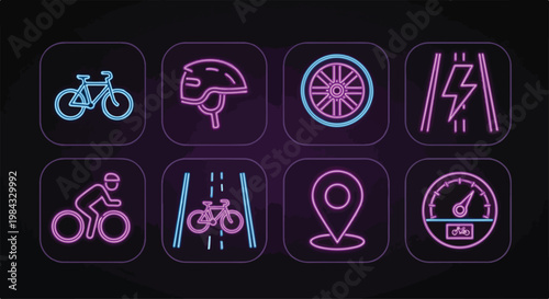 Bundle 9 neon cycling icons in one frame, glowing bicycle, helmet, wheel, road, cyclist, energy lightning, location pin, bike lane, speed meter, rounded square grid layout, dark background, vibrant ne