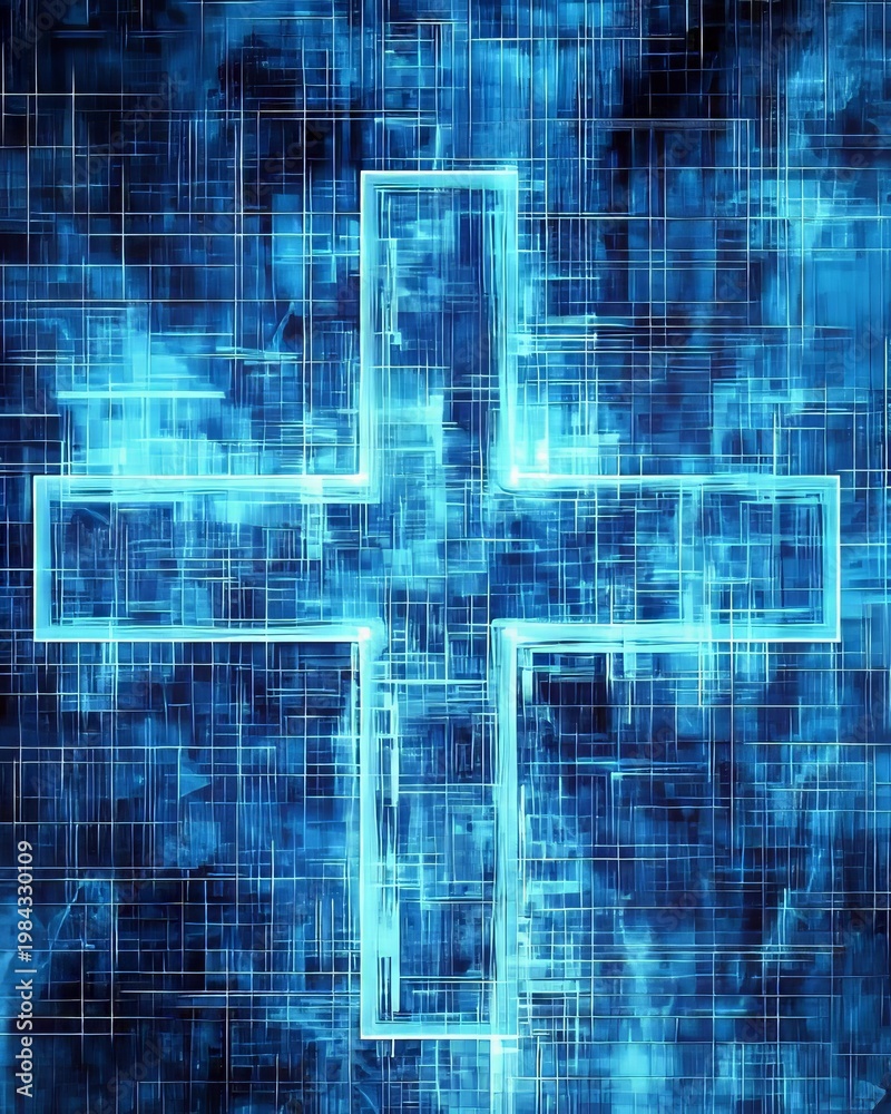 Obraz premium Abstract Light Blue Healthcare Cross with Medical Grid Pattern, Modern Technology Concept Wallpaper