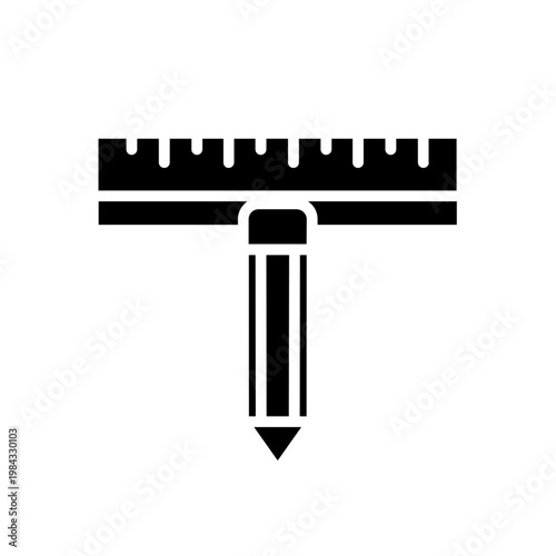 Black t square ruler with pencil icon for drafting and design on white background for architecture and engineering