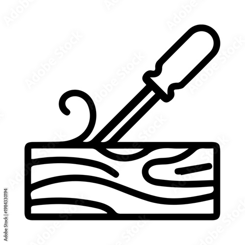Black line art of a chisel carving wood illustrating craftsmanship and woodworking tools in a minimalist style