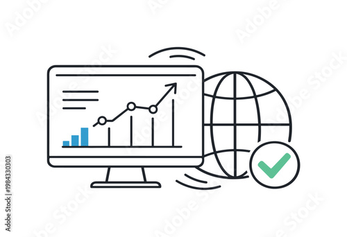 Global presentation strategy supporting communication and collaboration between international teams and stakeholders, a screen with a simple chart combined with a globe