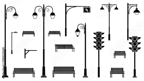 Vector 2D CAD illustration of street furniture and traffic lights in urban setting