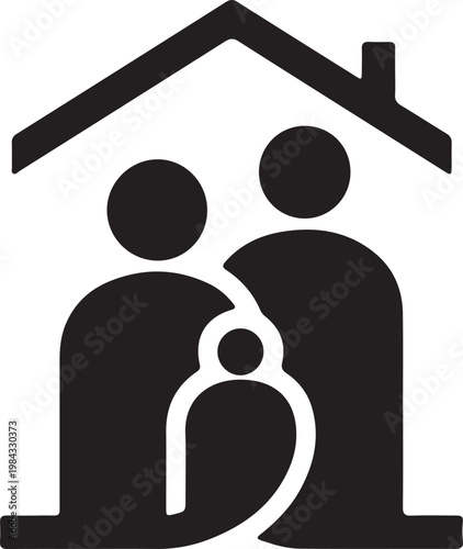 Vector illustration depicting a loving family unit, with parents and a child, residing safely under the iconic roof of a house, symbolizing security, care, and domestic harmony