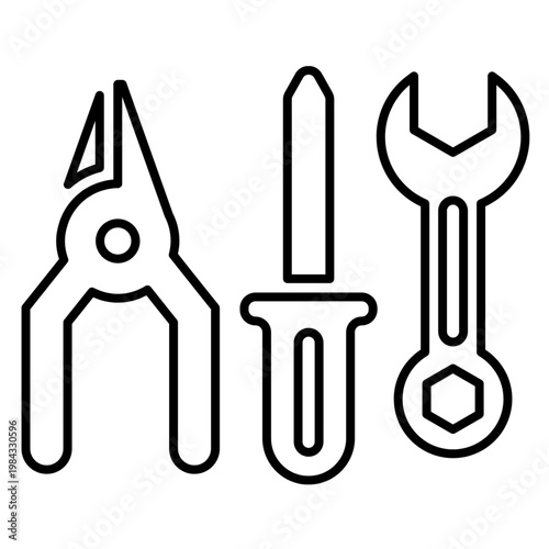 Set of black line icons featuring pliers screwdriver and adjustable wrench for repair and maintenance work