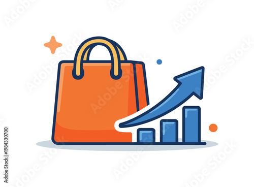 E-commerce growth and digital purchasing behavior shown as a business concept, a single shopping bag paired with a small upward arrow symbolizing increasing sales and