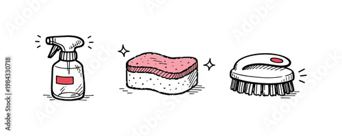 Simple home cleaning basics theme a horizontal row of 3 related hand-drawn objects on a white background: a small spray bottle with a tiny red label, a simple sponge
