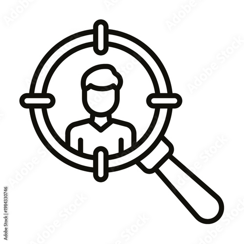 Magnifying glass zooms in on a person's profile for investigation or search purposes on a white background