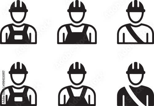 Six construction workers depicted with different safety gear variations in icons Vector


