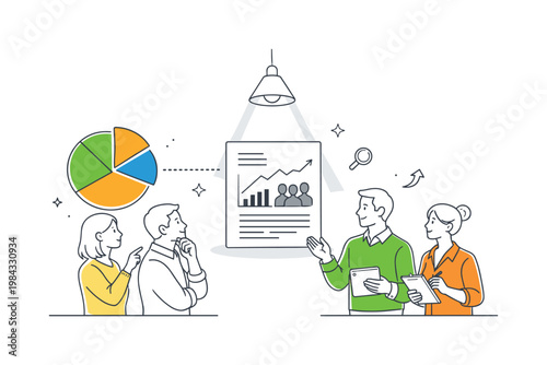 A business intelligence and reporting concept where stakeholders gain clear understanding of market trends and audience insights, depicted through a simple scene with a