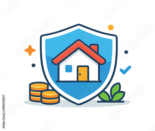 Property and asset insurance illustrated as a business protection scenario, a simple house icon enclosed within a shield symbolizing secured ownership and risk management