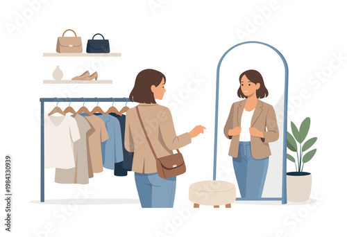 A fashion boutique environment where a customer browses clothing in a stylish retail space, representing personal style, curated shopping experience, and modern fashion