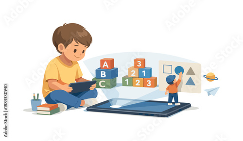 A child engaging with an educational game on a tablet in a calm learning environment, combining play and knowledge acquisition through interactive digital tools, visual