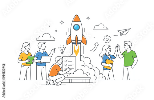 Team preparing and launching a new creative project or product in a professional environment with coordinated effort and planning, illustrated through a clear metaphor of