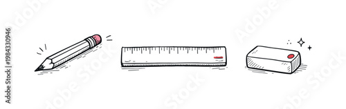 Simple desk tools set theme a horizontal row of 3 related hand-drawn objects on a white background: a basic pencil with a tiny pink eraser detail, a simple ruler with a