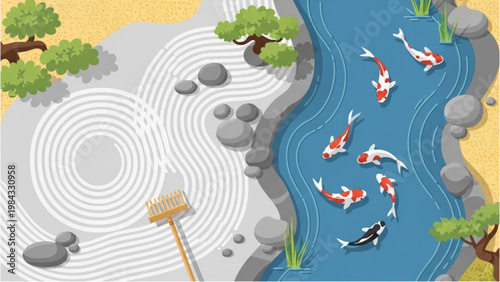 Vector 2D CAD illustration of koi fish swimming in a serene pond with rocks and trees