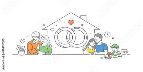 Long-term romantic relationship built on trust and support in everyday life, depicted by two interlocking rings and a simple house shape as the main elements, symbolizing