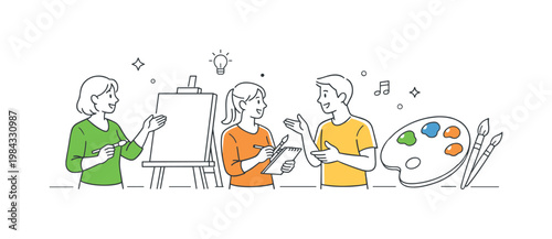 An art class environment where participants learn painting techniques and explore creativity together, illustrated by a small group gathered near a simple easel and