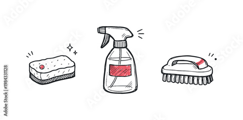Simple home wash tools theme a horizontal row of 3 related hand-drawn objects on a white background: a small sponge with a tiny pink dot detail, a simple spray bottle