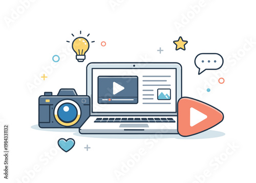 Content creator workflow and digital production process in a modern online environment focused on creating engaging media and building an audience, a laptop paired with a