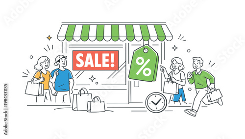Seasonal discount sale campaign where businesses attract customers with limited-time offers, visualized through a storefront with a sale sign and a simple percentage tag