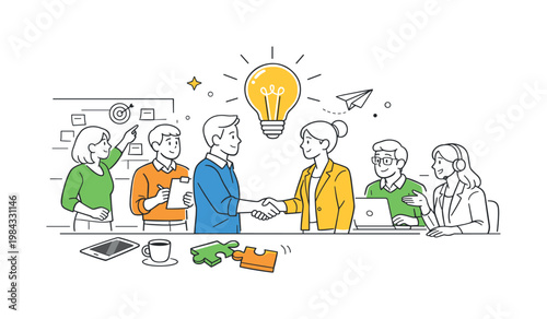 Idea partnership collaboration scene showing two professionals combining creative concepts and building a shared vision in a modern workspace, with a light bulb and a